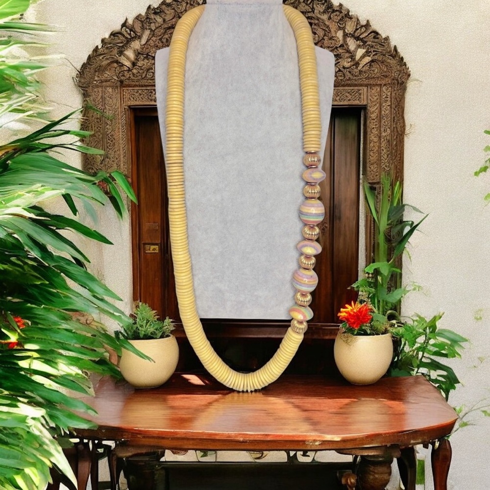 Sandra David Coconut Wood Beaded Necklace with Ceramic & Metal Beads Vintage 30”